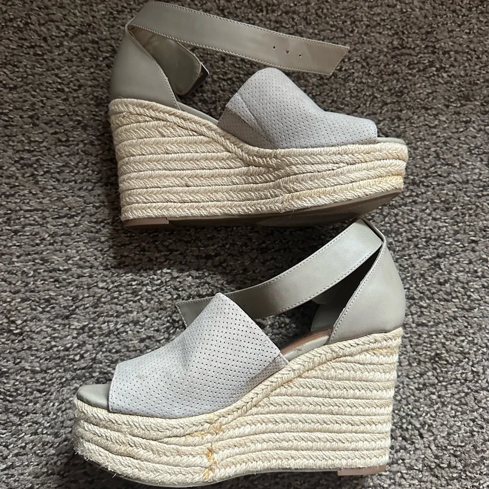 Indigo Cream Open-Peep Wedge Sandals with Ankle Strap